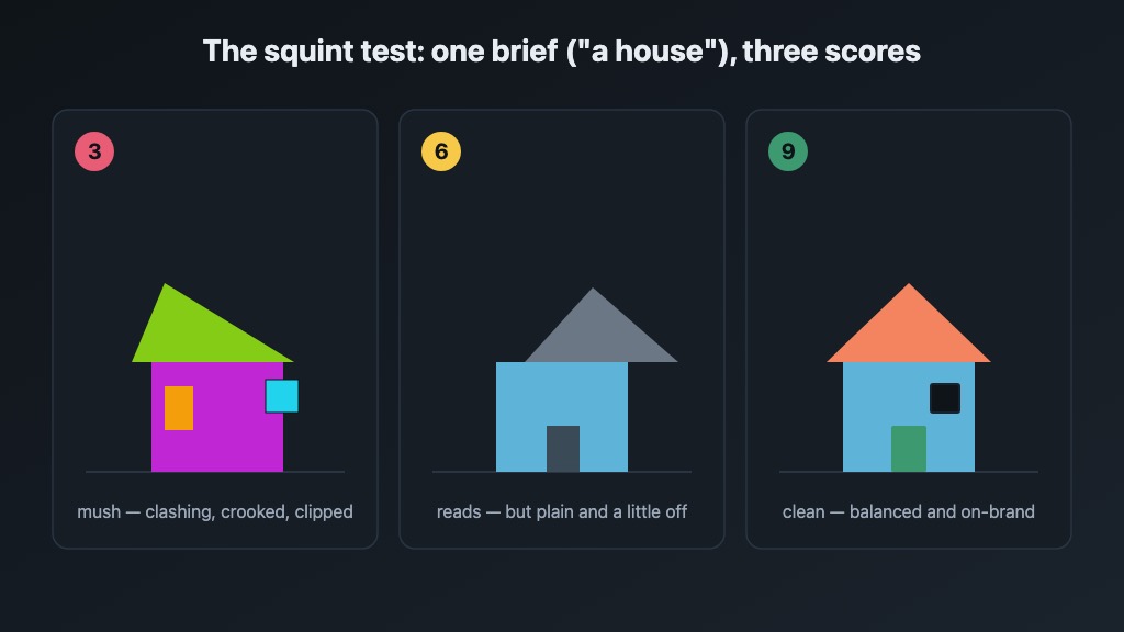 The same brief — "a house" — drawn three ways: a 3 with clashing colors, a crooked roof, and a floating door; a 6 that's recognizable but plain and slightly off; and a 9 that's clean, balanced, and on-brand.