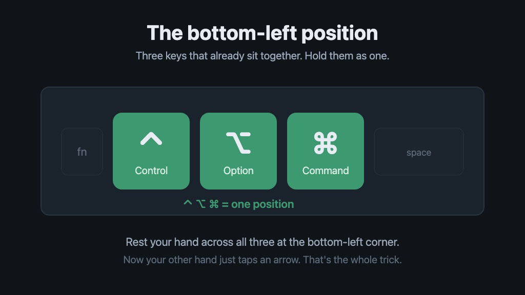 The Control, Option, and Command keys sit together at the bottom-left of a Mac keyboard — hold all three as a single position.